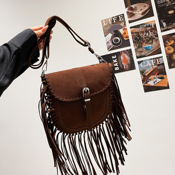 Mala PU kožna crossbody torbica s resicama, mat završni sloj, ženstveni retro stil