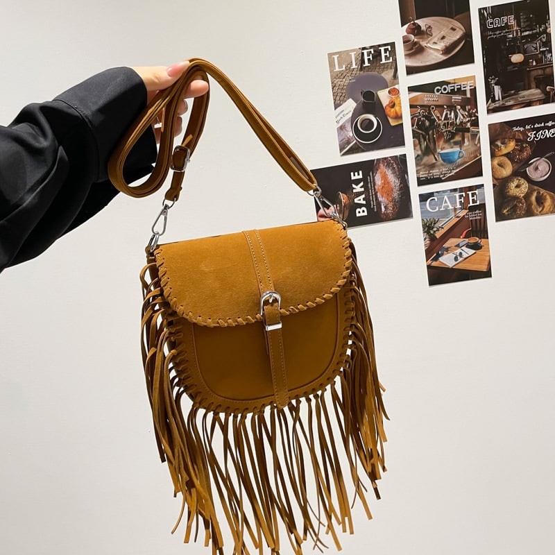 Mala PU kožna crossbody torbica s resicama, mat završni sloj, ženstveni retro stil