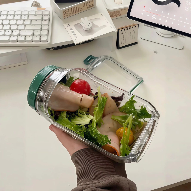 Vas creativ etanș pentru salată de legume cu deschidere laterală, recipient pentru salată de fructe, cutie de prânz pentru înlocuirea mesei, portabil, recipient PP pentru depozitare