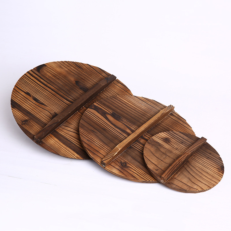 Capac rotund din lemn pentru wok – capac din lemn masiv, pentru wok din fontă (diametru 30–36 cm)
