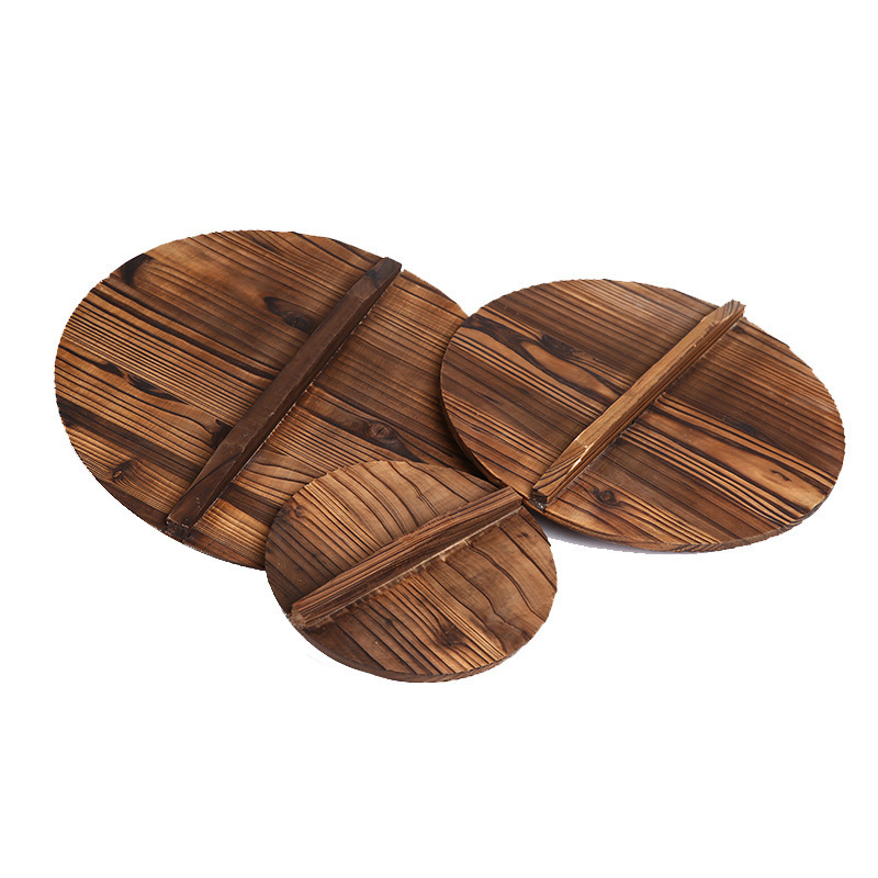Capac rotund din lemn pentru wok – capac din lemn masiv, pentru wok din fontă (diametru 30–36 cm)