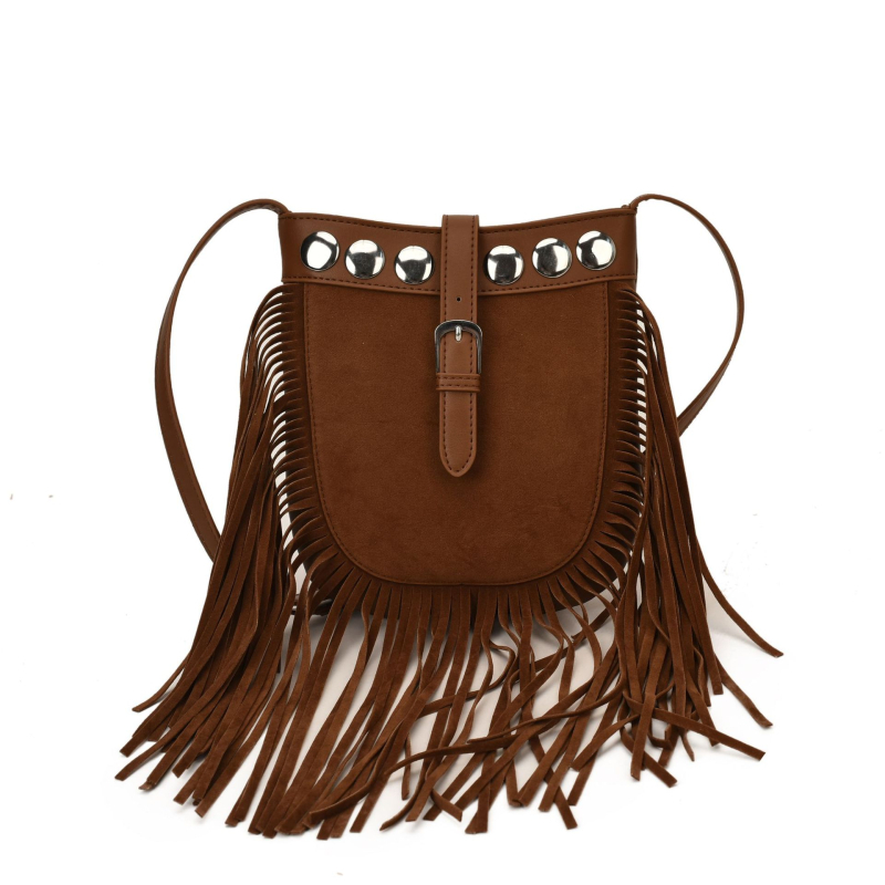 Ženska velur torbica s resicama, mini veličine, crossbody, bucket stil, jesen 2025