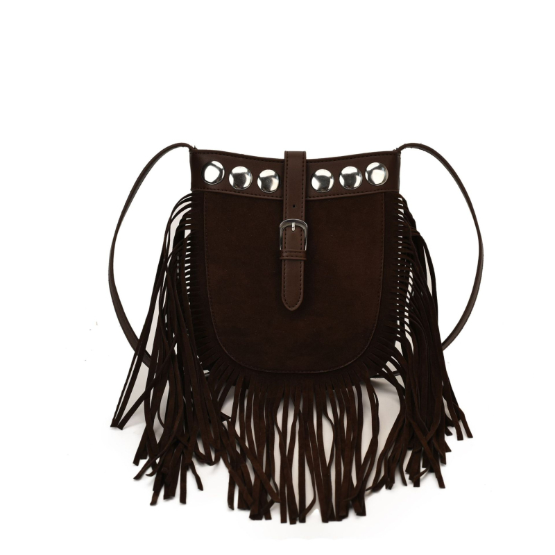 Ženska velur torbica s resicama, mini veličine, crossbody, bucket stil, jesen 2025