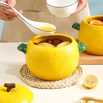 Castron ceramic pentru supă cu capac, capacitate mare, mâner dublu, pentru tăiței și supe