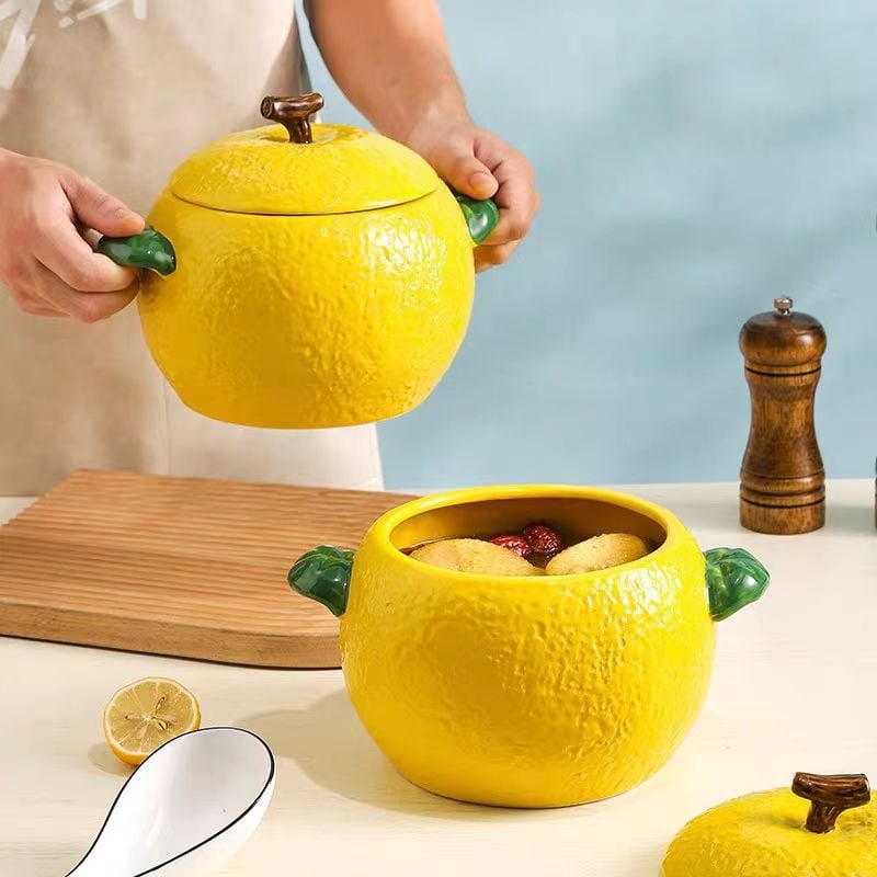Castron ceramic pentru supă cu capac, capacitate mare, mâner dublu, pentru tăiței și supe