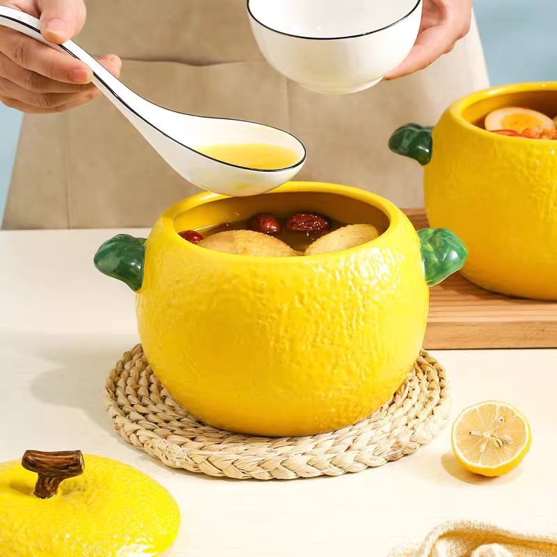 Castron ceramic pentru supă cu capac, capacitate mare, mâner dublu, pentru tăiței și supe