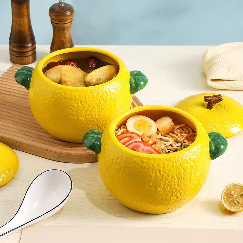 Castron ceramic pentru supă cu capac, capacitate mare, mâner dublu, pentru tăiței și supe