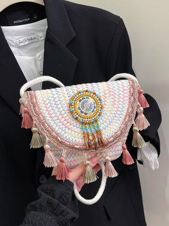 2026 nova stilna torba za odmor, opuštana plažna torba, torba u obliku školjke, pletena crossbody torba s resicama