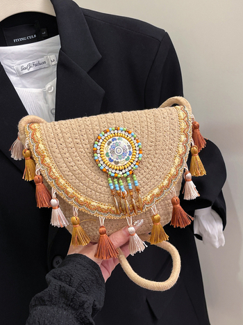 2026 nova stilna torba za odmor, opuštana plažna torba, torba u obliku školjke, pletena crossbody torba s resicama