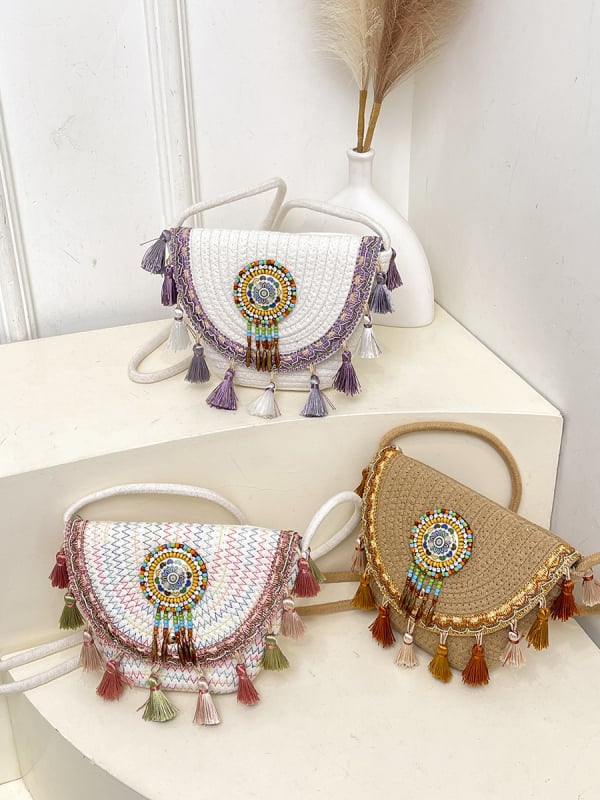 2026 nova stilna torba za odmor, opuštana plažna torba, torba u obliku školjke, pletena crossbody torba s resicama