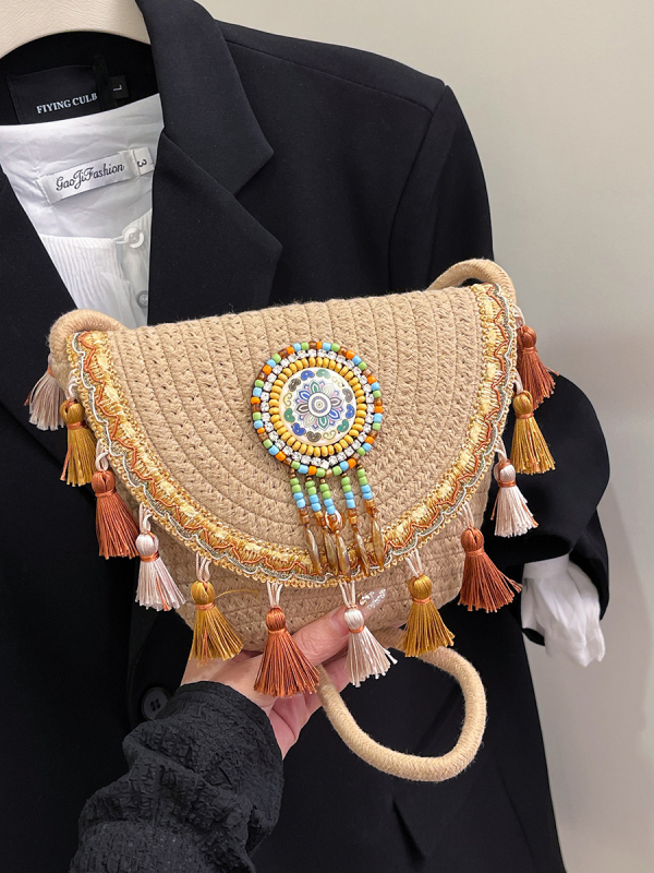 2026 nova stilna torba za odmor, opuštana plažna torba, torba u obliku školjke, pletena crossbody torba s resicama