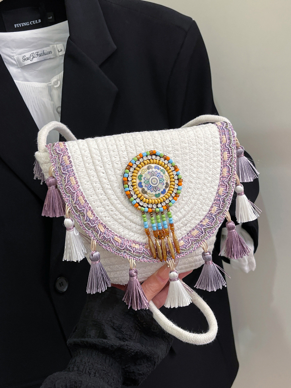 2026 nova stilna torba za odmor, opuštana plažna torba, torba u obliku školjke, pletena crossbody torba s resicama