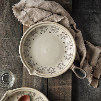 Caserolă ceramică vintage cu mâner pentru gătit la foc deschis, fund plat, 2,1–3 L