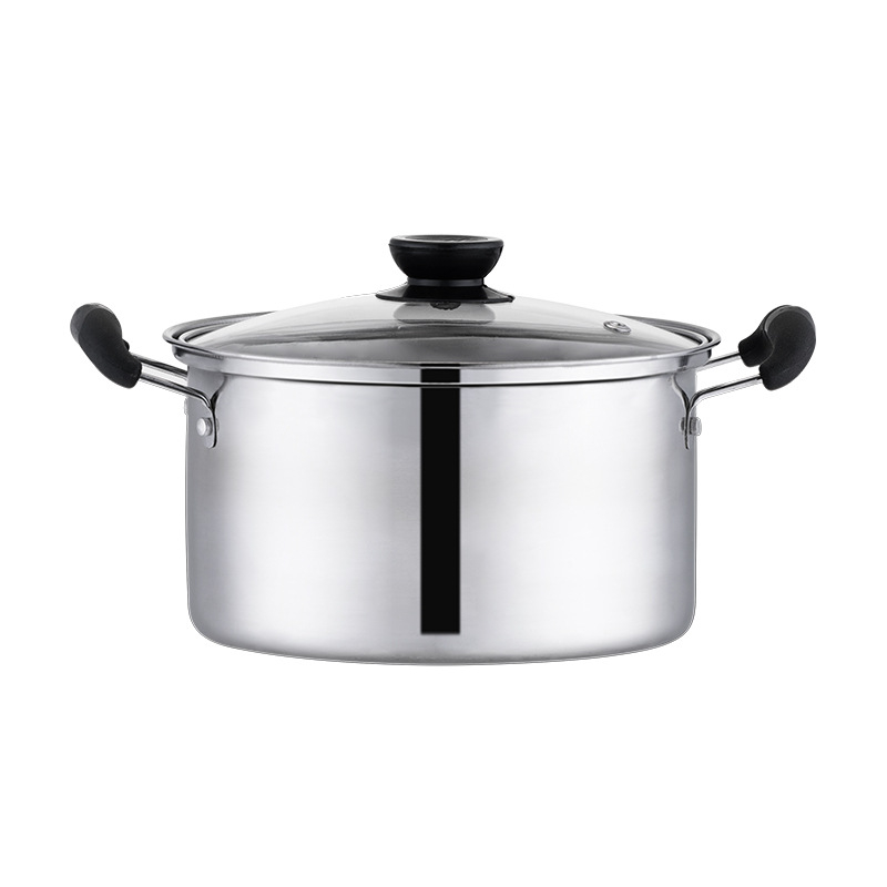 Oală din oțel inoxidabil cu pereți drepți, oală mică de supă cu două mâneri, stil american, înaltă, compatibilă cu inducția, diametrul 20 cm, capacitate 1,1–2 L, capac din sticlă temperată