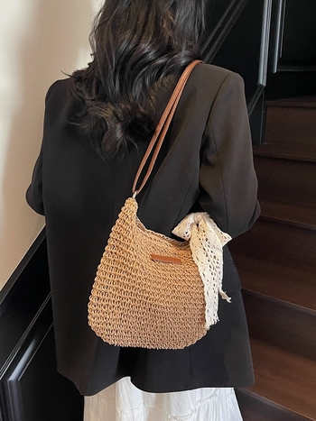 Ženska crossbody torba od pletene slame, velika kapacitet, novi stil, svestrana ljetna bucket torba za plažu i odmor