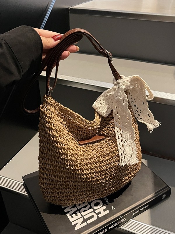Ženska crossbody torba od pletene slame, velika kapacitet, novi stil, svestrana ljetna bucket torba za plažu i odmor