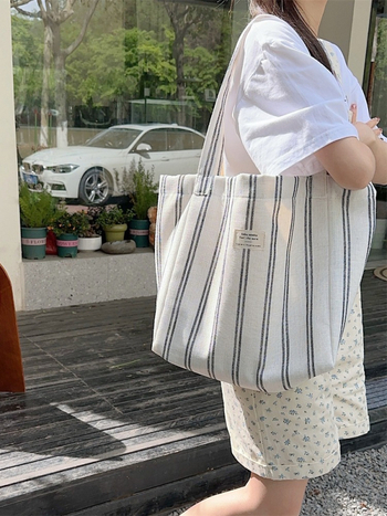 Korejski stil, velik kapacitet, prugasta tote torba od platna, svakodnevna torba za nošenje preko ramena s dvostrukim remenima