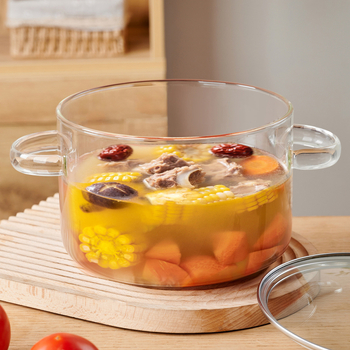 Oală de supă din sticlă borosilicat, 3,5 L, transparentă și rezistentă la căldură, potrivită pentru flacără deschisă, oală de supă din sticlă cu capac din lemn