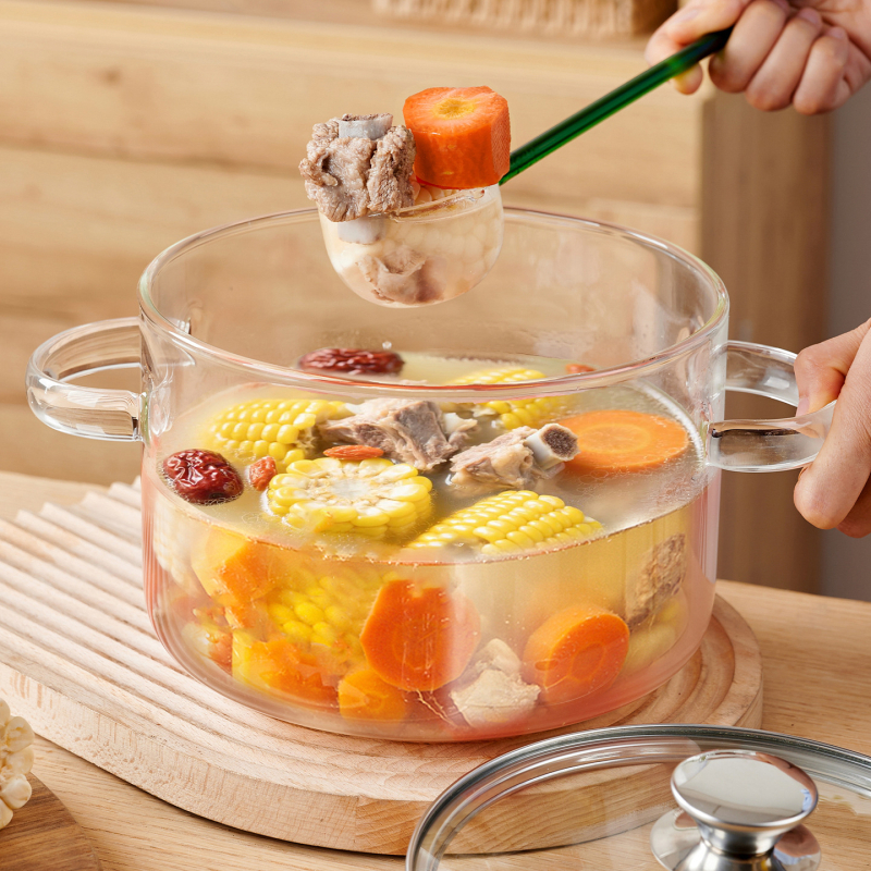 Oală de supă din sticlă borosilicat, 3,5 L, transparentă și rezistentă la căldură, potrivită pentru flacără deschisă, oală de supă din sticlă cu capac din lemn