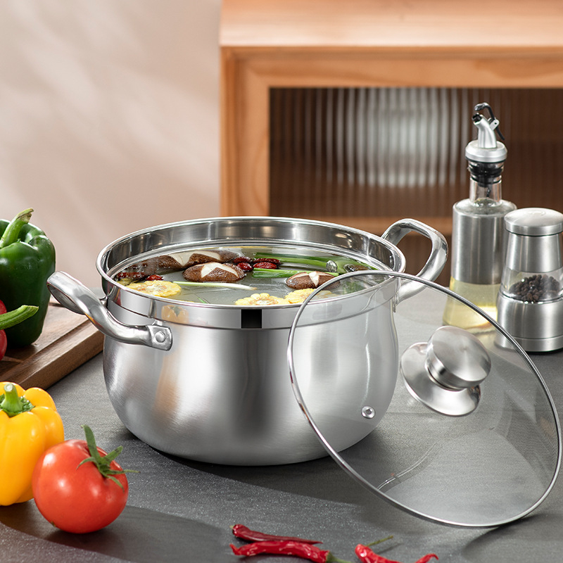 Oală de supă din oțel inoxidabil întărit, cu mâneri duble, anti-vărsare, oală pentru tăiței, pentru uz casnic, diametrul 22–26 cm, capacitate 3,1–4 L
