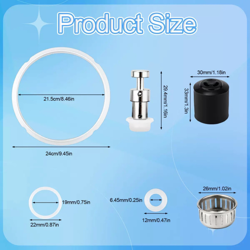 Set de 6 piese pentru oală electrică sub presiune, dimensiune 5–6 L: supapă plutitoare, inel de etanșare, supapă de ventilație, set dopuri din plasă