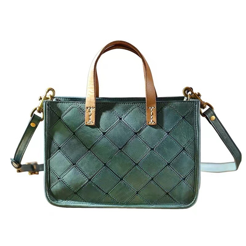 Ženska torbica od vrhunske kravlje kože s geometrijskim panelima — mala kvadratna retro tote torba, horizontalni crossbody
