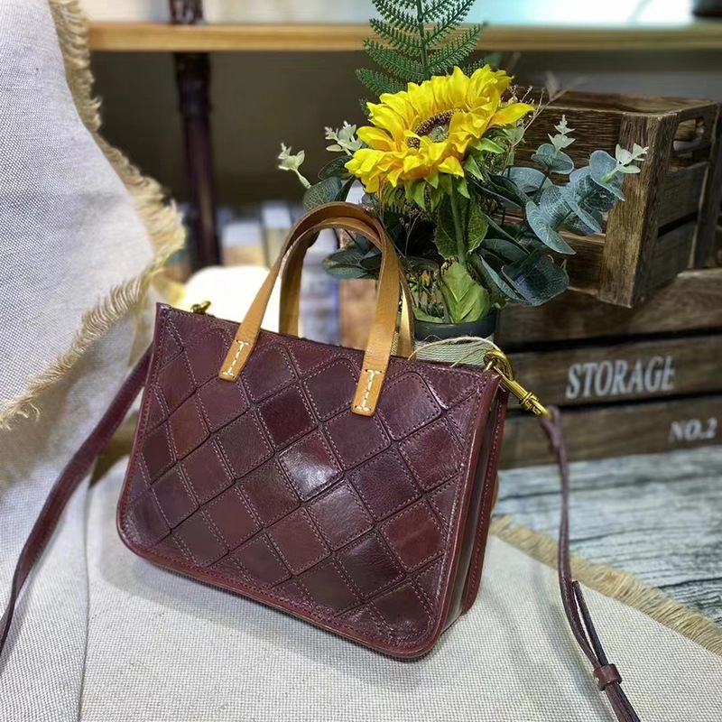 Ženska torbica od vrhunske kravlje kože s geometrijskim panelima — mala kvadratna retro tote torba, horizontalni crossbody