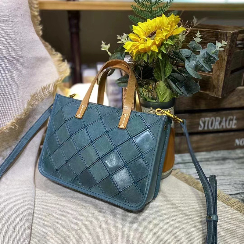 Ženska torbica od vrhunske kravlje kože s geometrijskim panelima — mala kvadratna retro tote torba, horizontalni crossbody