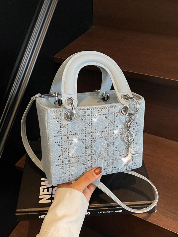Shi yinman denim torba s kristalima, mala veličina, crossbody torba, proljeće 2025, gradski minimalistički stil