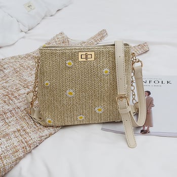 Ženska torba od slame u boho stilu, crossbody, plažna torba s čipom i izvezenim traktinčicama, bucket bag