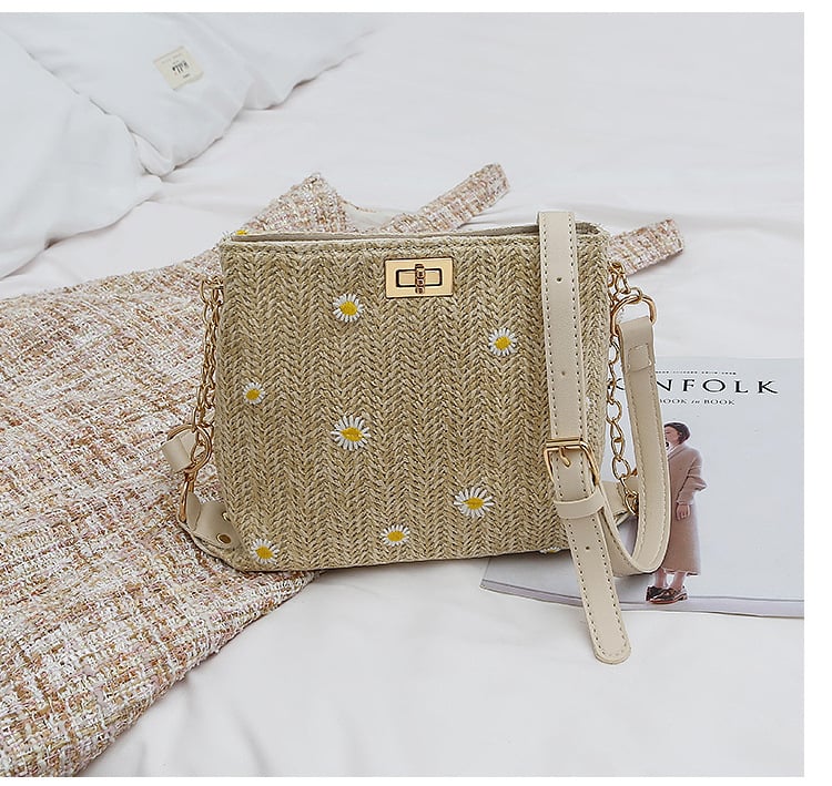Ženska torba od slame u boho stilu, crossbody, plažna torba s čipom i izvezenim traktinčicama, bucket bag