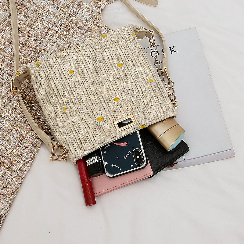Ženska torba od slame u boho stilu, crossbody, plažna torba s čipom i izvezenim traktinčicama, bucket bag