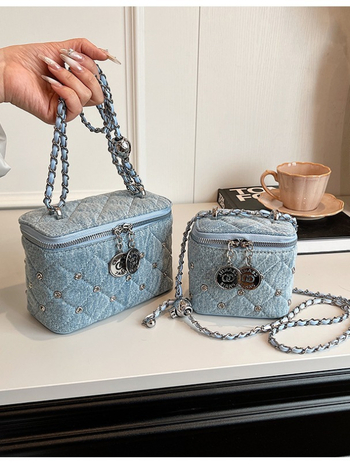Ženska denim box torba s lančanim remenom, dijamantno šivana