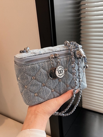 Ženska denim box torba s lančanim remenom, dijamantno šivana