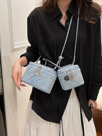 Ženska denim box torba s lančanim remenom, dijamantno šivana