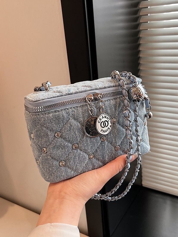 Ženska denim box torba s lančanim remenom, dijamantno šivana