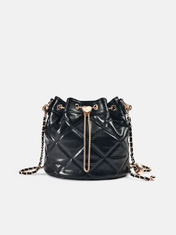 Kožna bucket torba s lancem i prešivanjem u romb uzor, jednostruki remen za rame, crossbody za žene, elegantna i svestrana