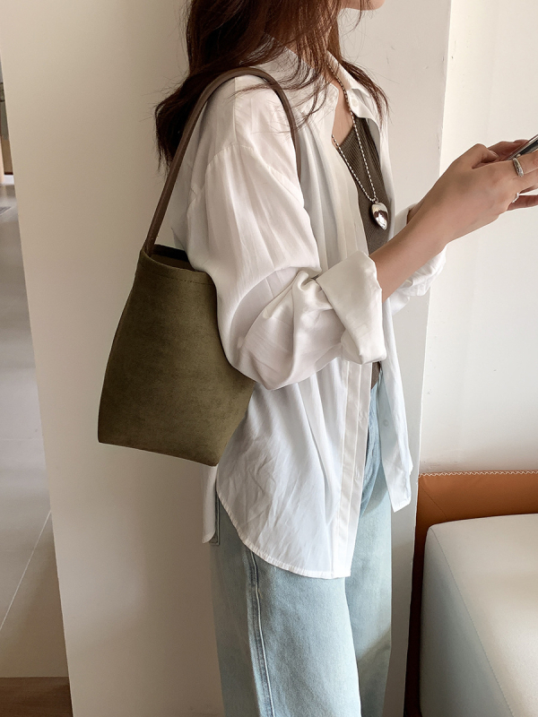 Jesenja minimalistička suede bucket torba, korejskog stila, velika kapaciteta za žene