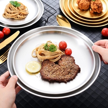 Platou pentru grătar din oțel inoxidabil auriu, stil coreean, rotund, pentru restaurante, platou pentru torturi și fructe