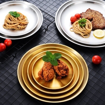 Platou pentru grătar din oțel inoxidabil auriu, stil coreean, rotund, pentru restaurante, platou pentru torturi și fructe