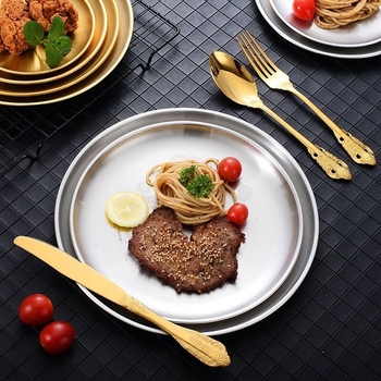 Platou pentru grătar din oțel inoxidabil auriu, stil coreean, rotund, pentru restaurante, platou pentru torturi și fructe