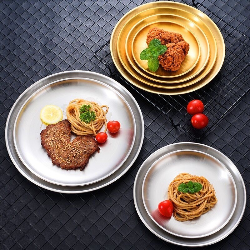 Platou pentru grătar din oțel inoxidabil auriu, stil coreean, rotund, pentru restaurante, platou pentru torturi și fructe