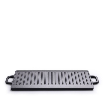 Tigaie grill din fontă, dreptunghiulară, netencuită, cu două fețe și suprafață dungată
