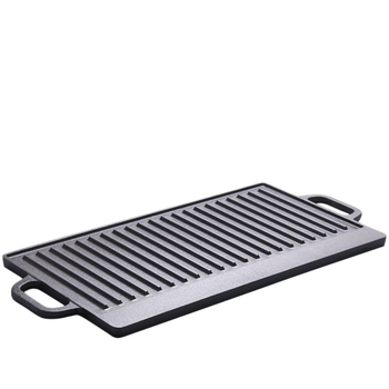 Tigaie grill din fontă, dreptunghiulară, netencuită, cu două fețe și suprafață dungată