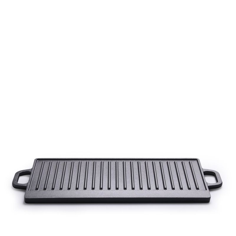 Tigaie grill din fontă, dreptunghiulară, netencuită, cu două fețe și suprafață dungată