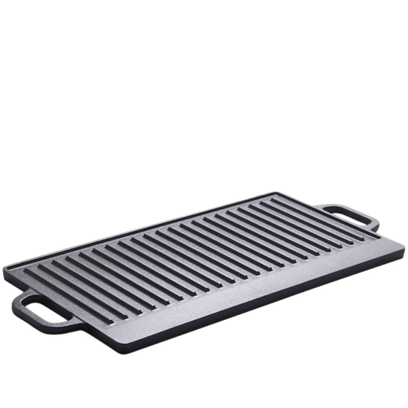 Tigaie grill din fontă, dreptunghiulară, netencuită, cu două fețe și suprafață dungată