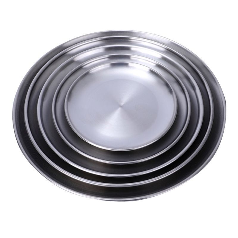 Farfurie rotundă din oțel inoxidabil, tavă argintie pentru grătar coreean, farfurie de tip bufet pentru restaurant, farfurie portabilă pentru camping, diametru 14 cm
