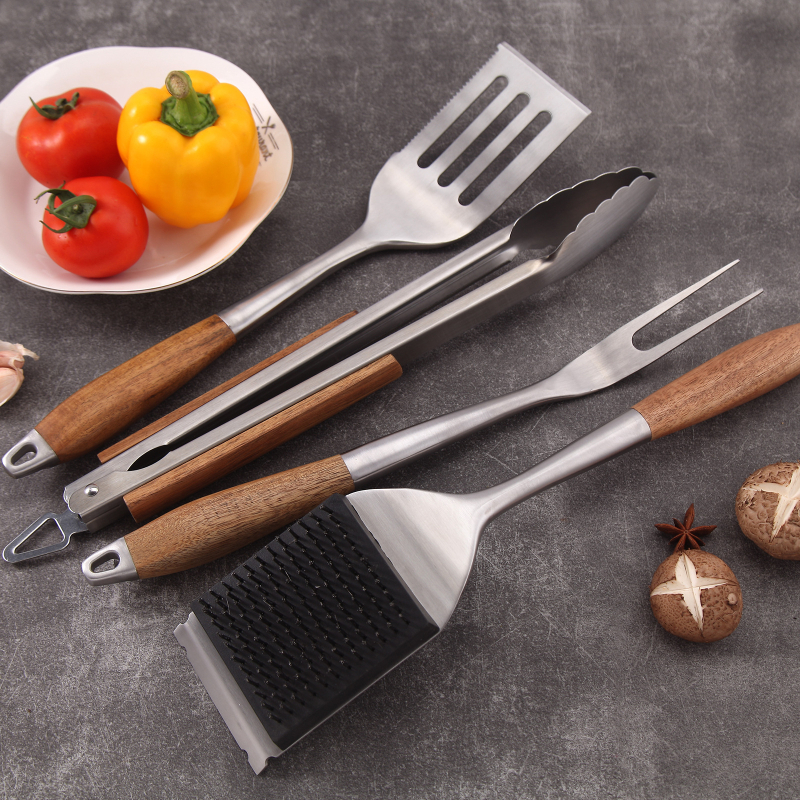 Rosewood oțel inoxidabil set gril 4 piese - spatulă furculiță clește perie
