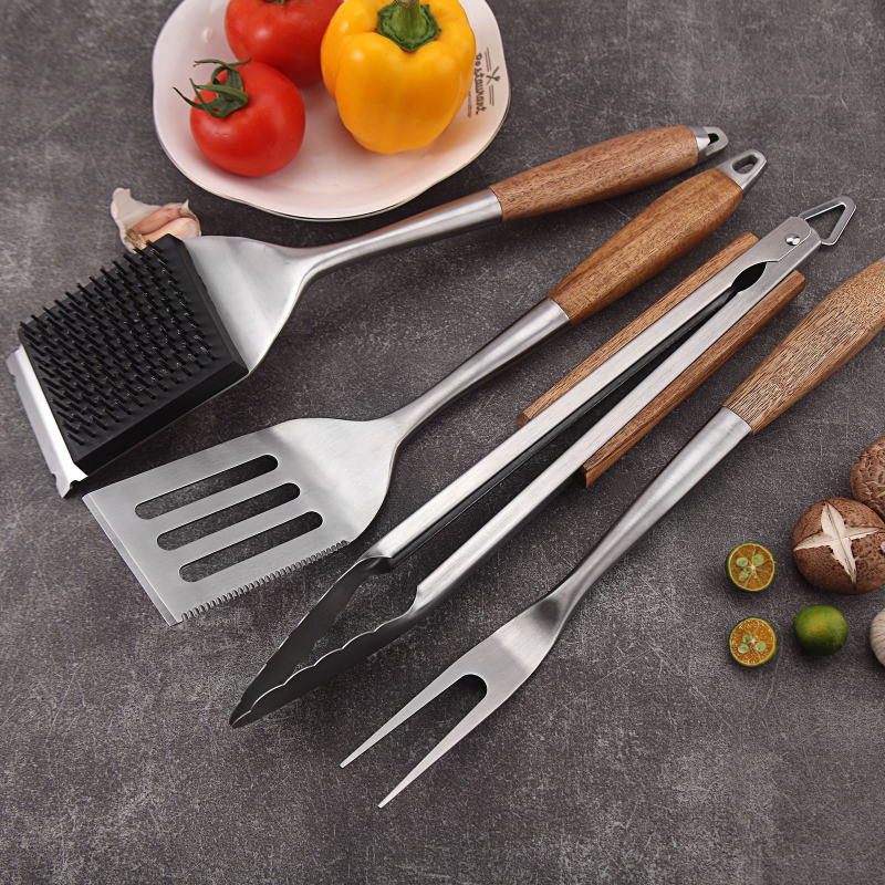 Rosewood oțel inoxidabil set gril 4 piese - spatulă furculiță clește perie