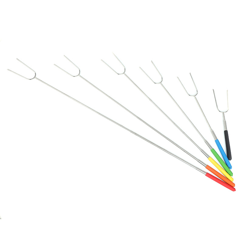 furculiță de grătar retractabilă pentru camping, în formă de U, din oțel inoxidabil, mâner din PVC colorat, set pentru grătar